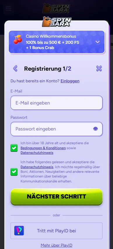 spinbara mobile signup page
